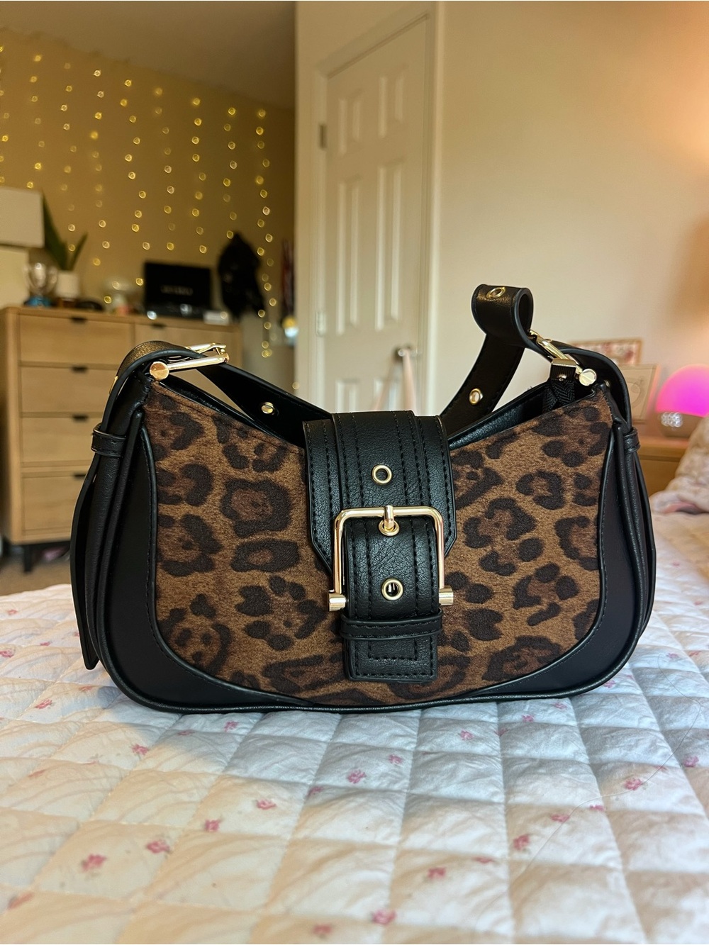 Y2K Catherine Malandrino Brown Leopard Print Leather Shoulder Bag Purse Buckle